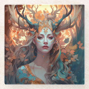 Dessous-de-verre En Verre Femme Avec Antlers Imaginaire Art
