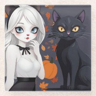 Dessous-de-verre En Verre Femme d'Anime avec chat noir.