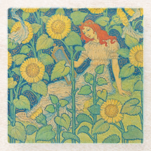 Dessous-de-verre En Verre Femme-fille de fleurs dans le jardin de tournesol