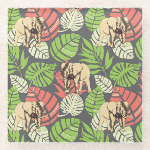 Dessous-de-verre En Verre Feuille et éléphants exotiques 2 de jungle