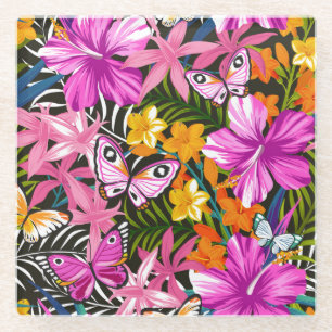 Dessous-de-verre En Verre Feuille et fleurs tropicaux