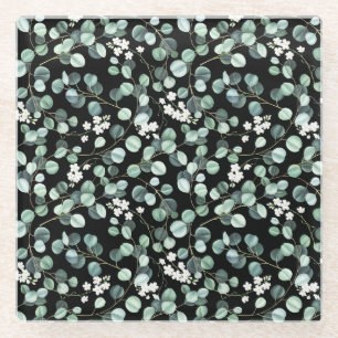 Dessous-de-verre En Verre Feuilles d'Eucalyptus : Motif de fleurs blanches