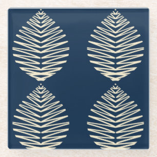 Dessous-de-verre En Verre Feuilles Géométriques Bleu marine & Beige