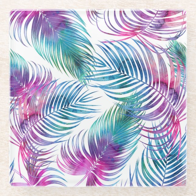 Dessous-de-verre En Verre Feuilles tropicaux de palmiers, aquarelle motifs f (Devant)