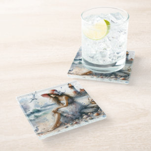 Dessous-de-verre En Verre Fille d'aquarelle romantique par phare