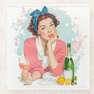 Dessous-de-verre En Verre Fille Vintage avec Champagne Rose