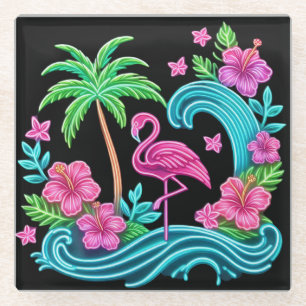 Dessous-de-verre En Verre Flamant rose de néon tropical