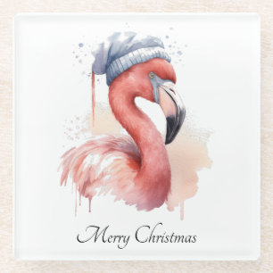 Dessous-de-verre En Verre Flamant rose père Noël Snowbird, personnalisé