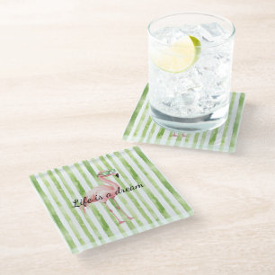 Dessous-de-verre En Verre Flamant rose rose blanc vert