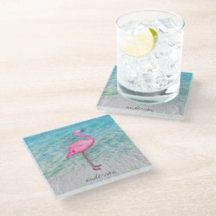 Dessous-de-verre En Verre Flamant rose rose personnalisé Plage de sable trop