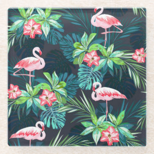 Dessous-de-verre En Verre Flamant rose tropical : Fleurs d'été Motif