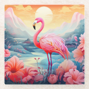 Dessous-de-verre En Verre Flamant Tropical avec Fleurs