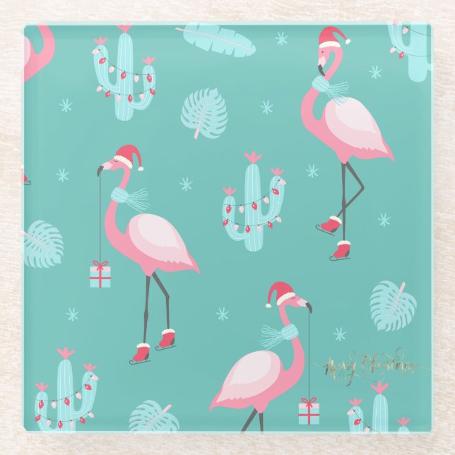 Dessous-de-verre En Verre Flamants roses Santa Hat présente des flocons de n (Devant)