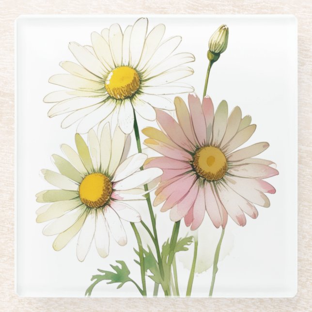 Dessous-de-verre En Verre Fleur aquarelle Daisy Moderne Professionnel (Devant)