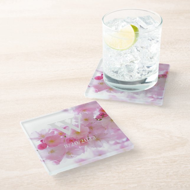 Dessous-de-verre En Verre Fleur de cerisier élégante et monogramme rose (Incliné)