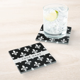 Dessous-de-verre En Verre Fleur de Lis, Blanc sur Noir, Blanc, Votre Nom
