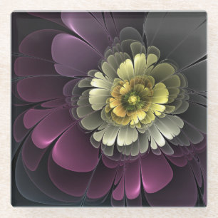 Dessous-de-verre En Verre Fleur fractale grise et pourpre moderne abstraite
