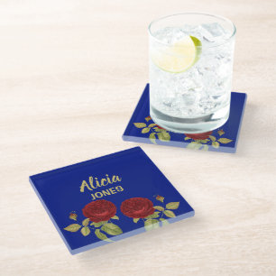 Dessous-de-verre En Verre Fleur rouge et bleu feuille