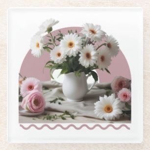 Dessous-de-verre En Verre Fleurs blanches et roses