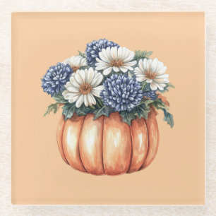 Dessous-de-verre En Verre Fleurs Bleues Citrouille Automne