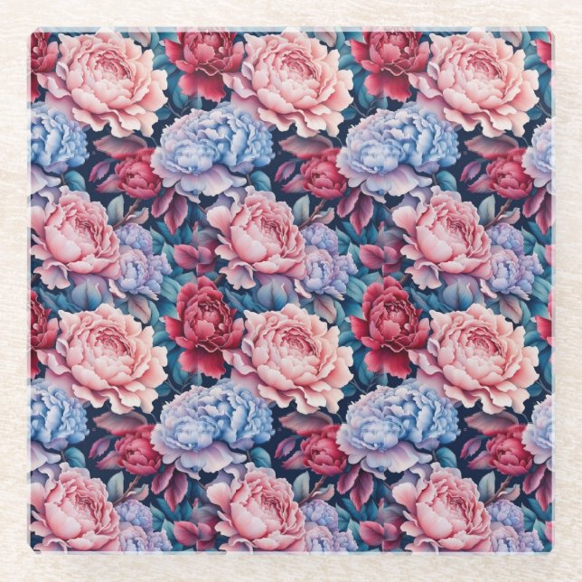 Dessous-de-verre En Verre Fleurs bleues et roses (Devant)