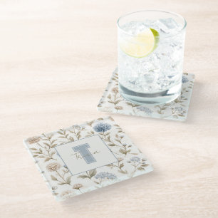 Dessous-de-verre En Verre Fleurs Brunes Bleues Crème Monogramme Initial Nom