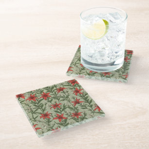 Dessous-de-verre En Verre Fleurs cardinales et motif feuille