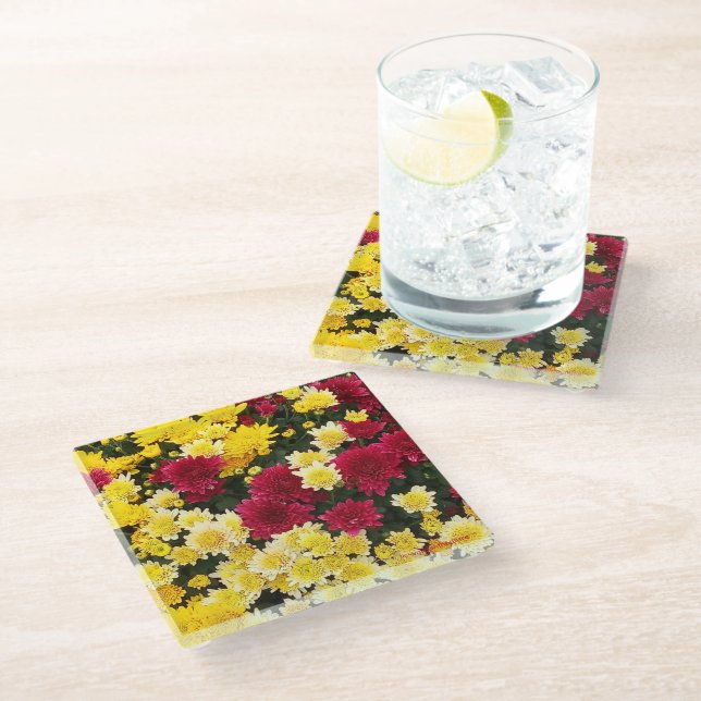 Dessous-de-verre En Verre Fleurs Chrysanthème d'automne en or rouge (Incliné)