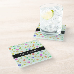 Dessous-de-verre En Verre Fleurs colorées, Arrière - plan vert clair, Noir