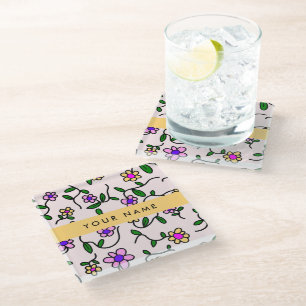 Dessous-de-verre En Verre Fleurs Colorées, Fond Rose, Jaune