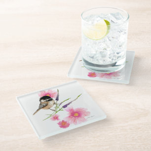 Dessous-de-verre En Verre Fleurs d'aquarelle de poulet mignonne