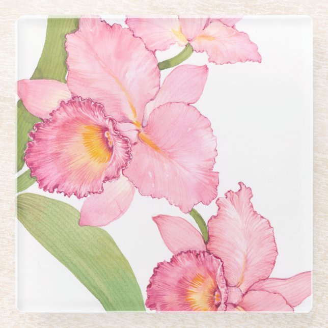Dessous-de-verre En Verre Fleurs d'aquarelle rose exotique (Devant)