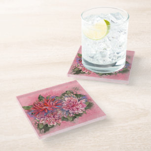 Dessous-de-verre En Verre Fleurs de dahlias rose aquarelle