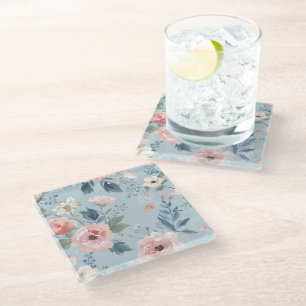 Dessous-de-verre En Verre Fleurs de jardin aquarelles bleu poussiéreux roses