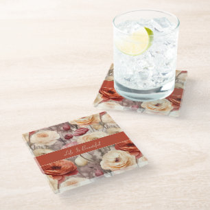 Dessous-de-verre En Verre Fleurs de Ranunculus Crème Rose Rouge