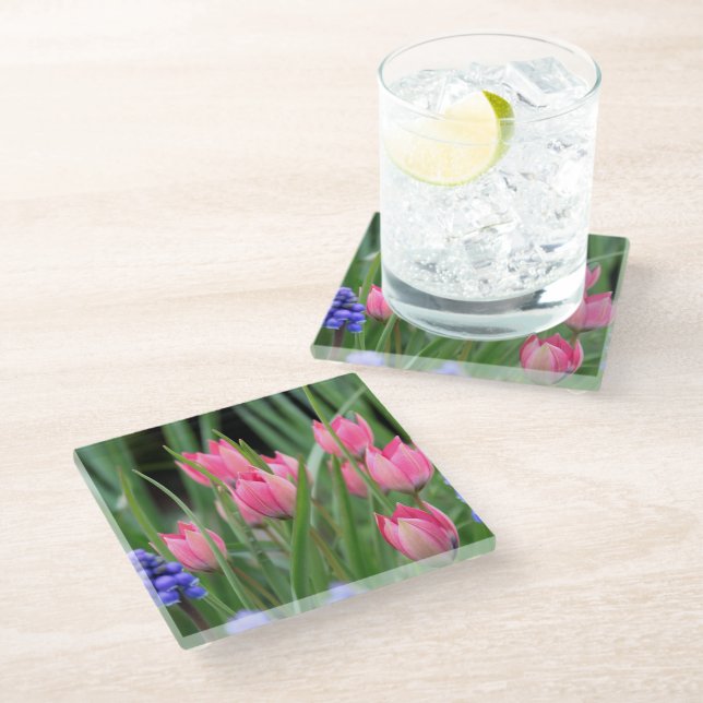 Dessous-de-verre En Verre Fleurs de tulipes roses - (Incliné)