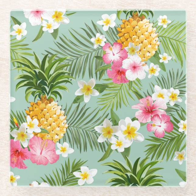 Dessous-de-verre En Verre Fleurs et ananas tropicaux (Devant)
