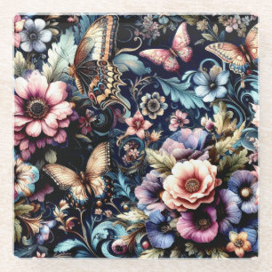 Dessous-de-verre En Verre Fleurs et papillons de printemps antiques