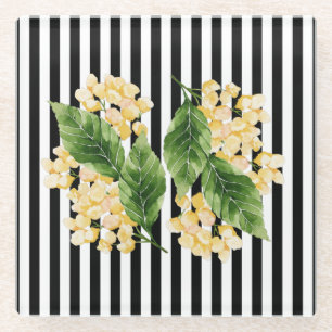 Dessous-de-verre En Verre Fleurs jaunes sur rayures noir et blanc