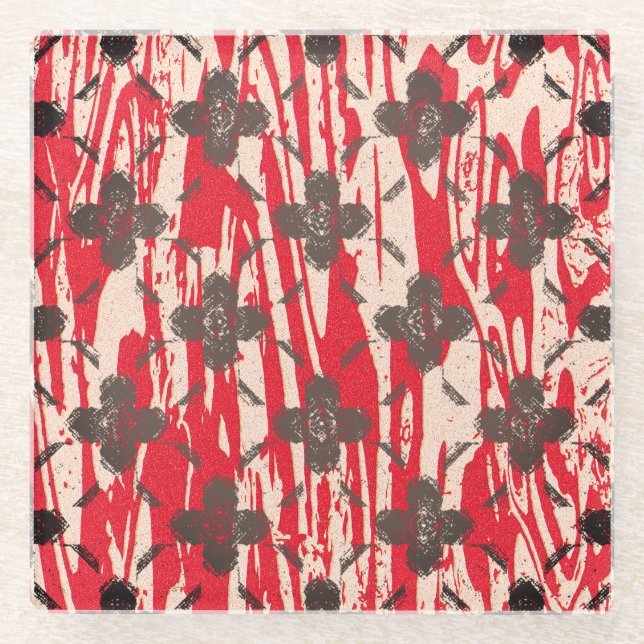 Dessous-de-verre En Verre Fleurs Motifs beiges, tans et rouges (Devant)