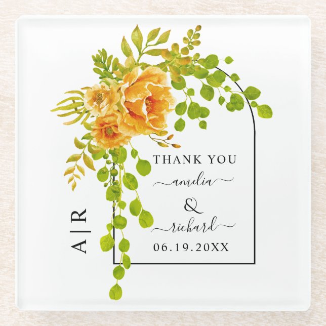 Dessous-de-verre En Verre Fleurs orange, arche et monogramme mariage de auto (Devant)