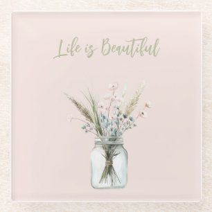 Dessous-de-verre En Verre Fleurs roses et bleues blush dans un pot