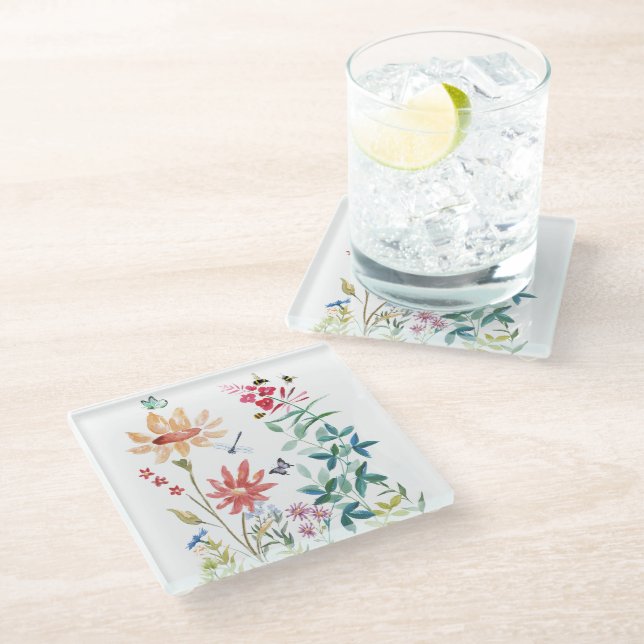Dessous-de-verre En Verre Fleurs sauvages aquarelle (Incliné)