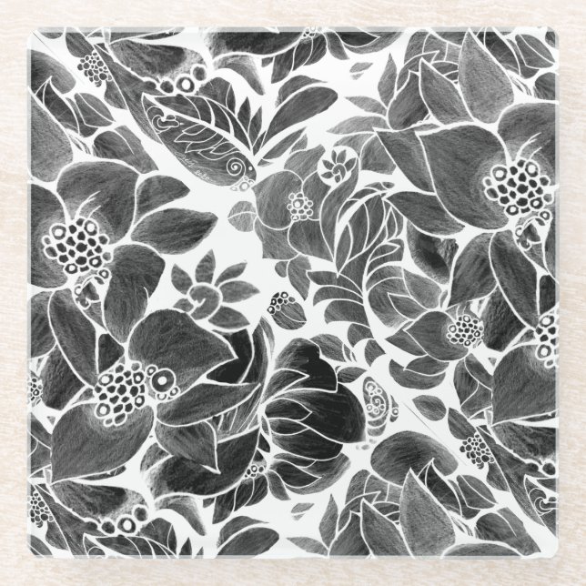 Dessous-de-verre En Verre Floral noir blanc (Devant)