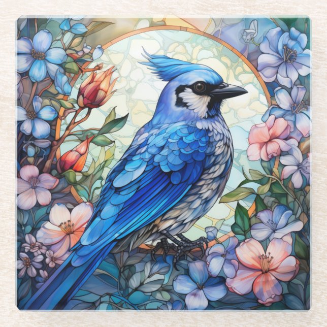 Dessous-de-verre En Verre Floral rose Bleu Jay Vitrail (Devant)