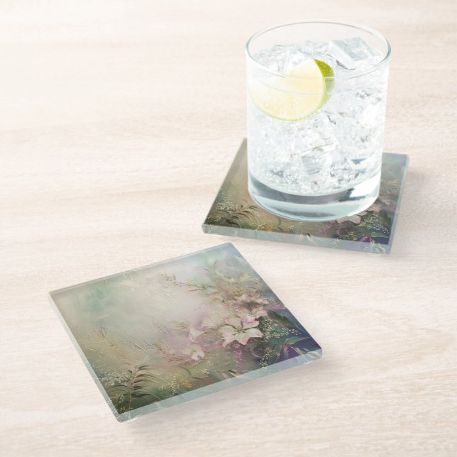 Dessous-de-verre En Verre Floral rose tropical blanc (Incliné)