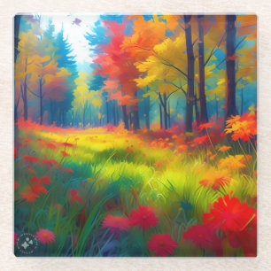Dessous-de-verre En Verre Forêt avec des arbres et des fleurs colorés