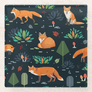 Dessous-de-verre En Verre Foxes Arbres Feuilles Dark Arrière - plan