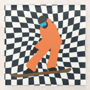 Dessous-de-verre En Verre Freeride Snowboardeur En Costume Orange À damiers