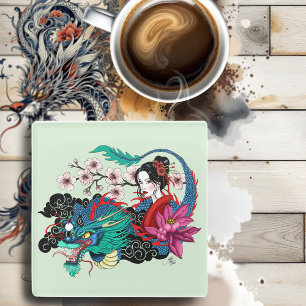 Dessous-de-verre En Verre Géisha Asiatique Dragon Fleurs de Cerisier Bleu